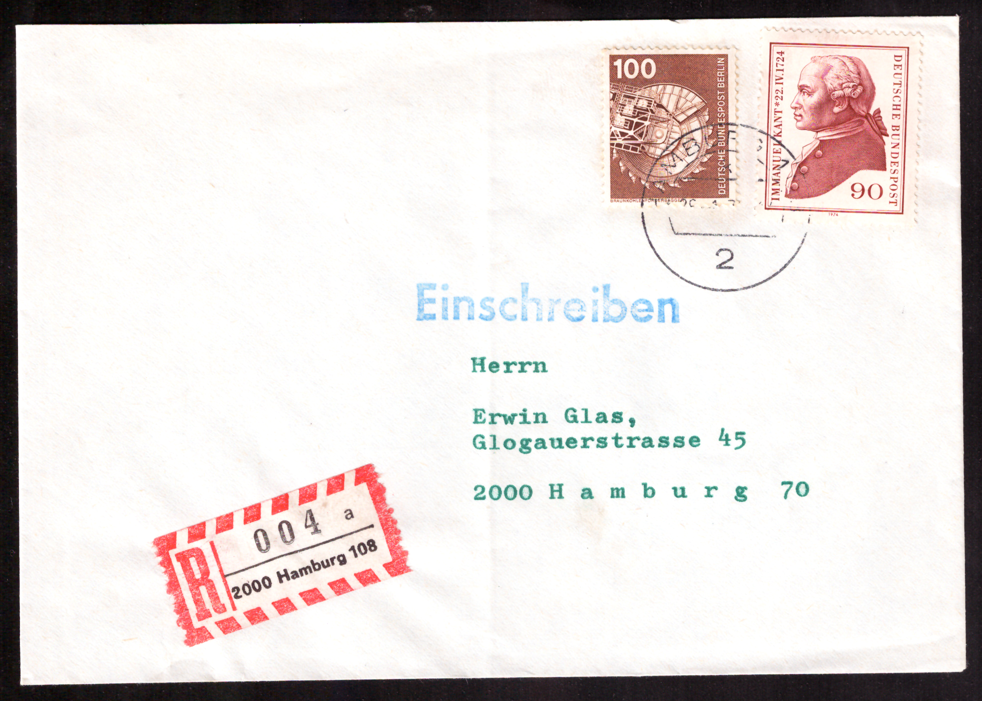 Registered Hamburg cover with Kant and brown-coal excavator stamps