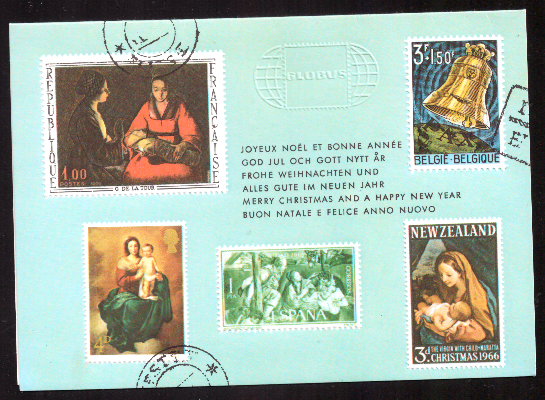 GLOBUS multi-country Christmas stamp greeting card – copy B