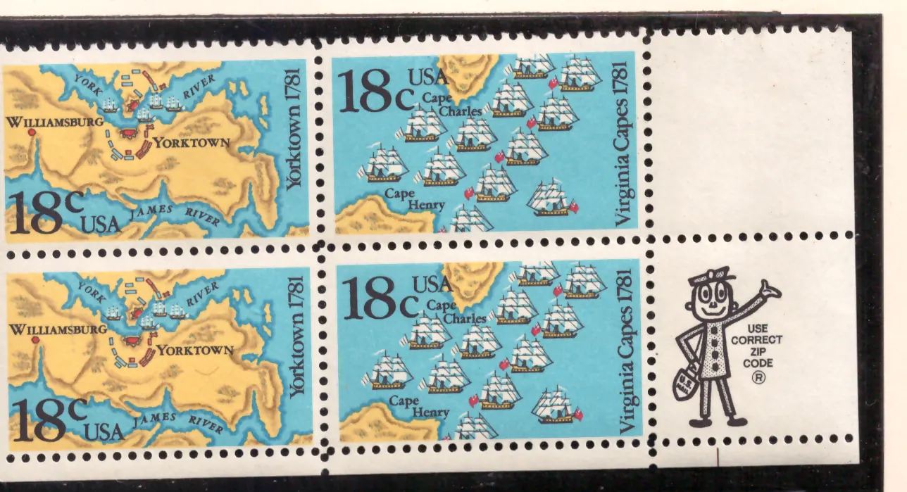 Battles of Yorktown and Virginia Capes – se-tenant margin block of 4