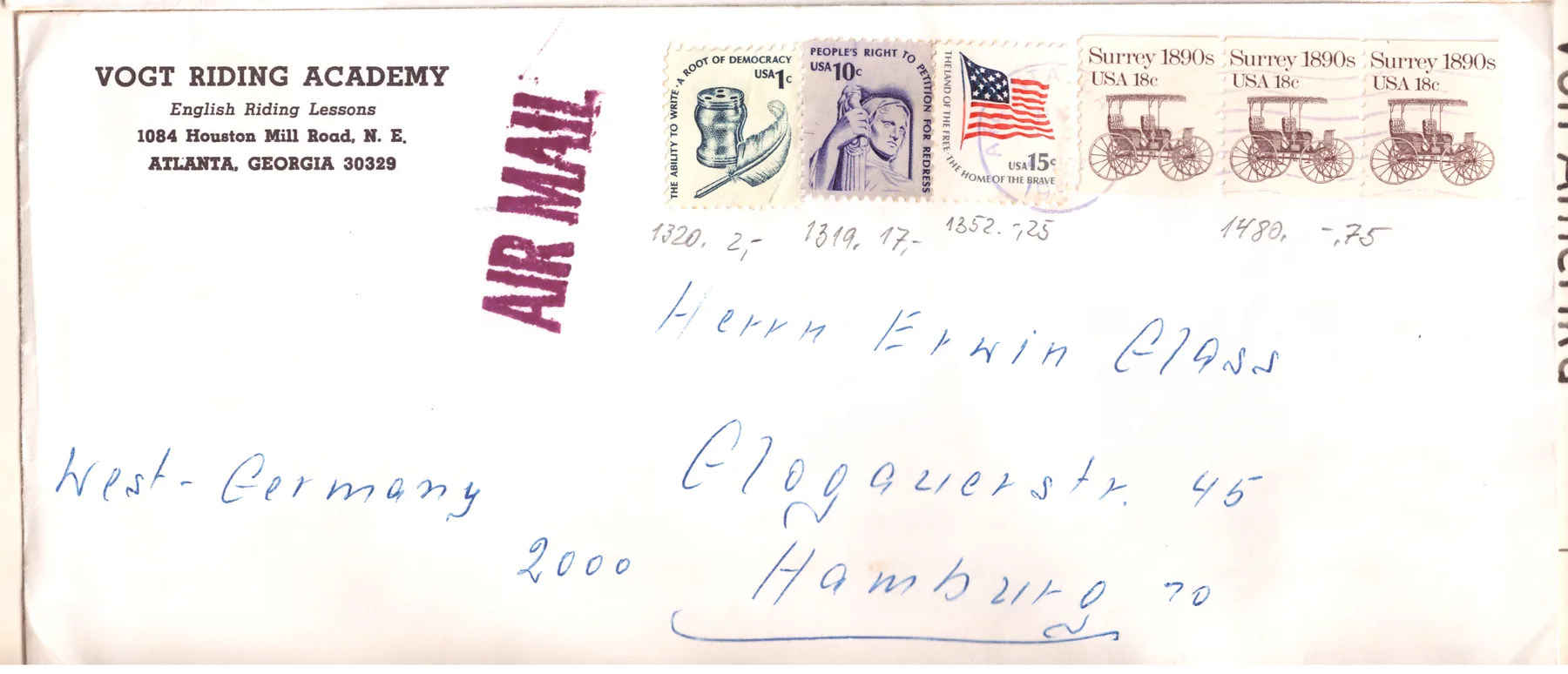 Vogt Riding Academy to Hamburg – six-stamp airmail cover