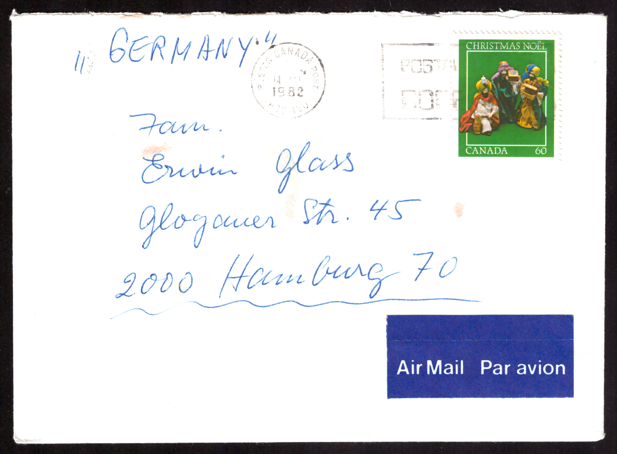 Canadian Christmas airmail cover to Hamburg