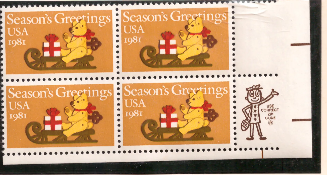 Season's Greetings, Teddy Bear on Sleigh – margin block of 4