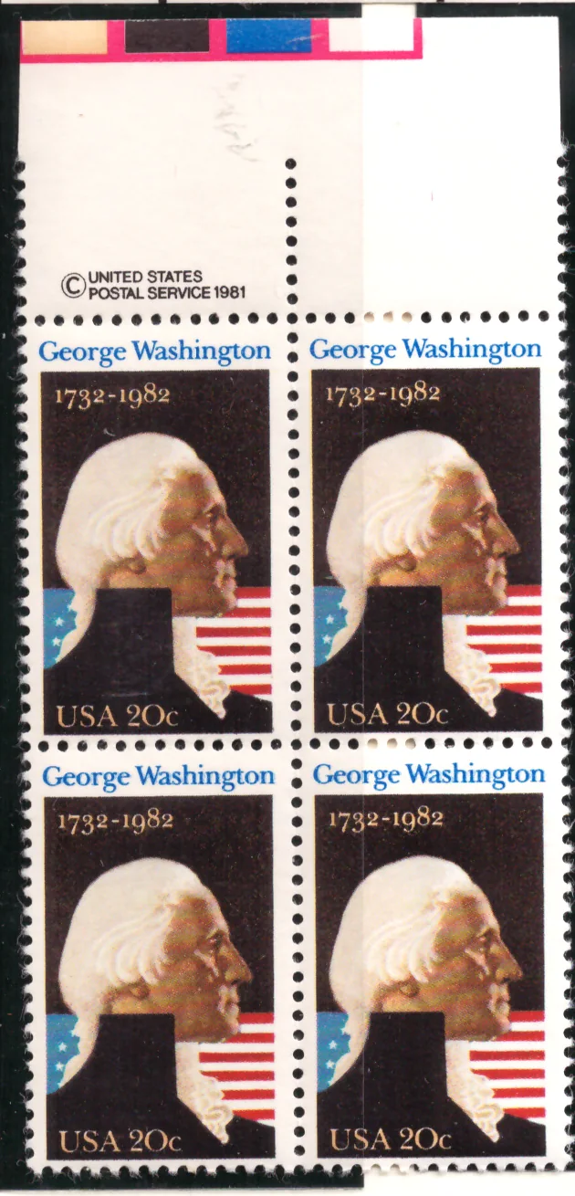 George Washington 250th Birth Anniversary block of four — copyright and color-bar selvage