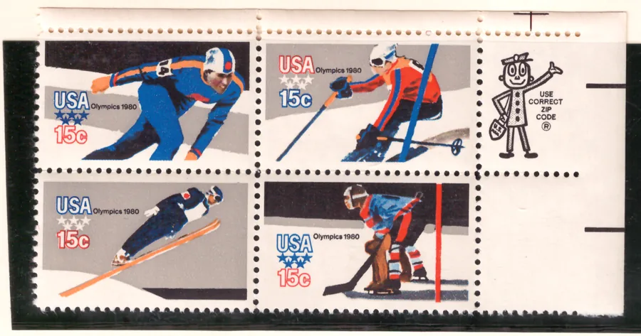 XIII Olympic Winter Games – se-tenant block of four with right ZIP selvage