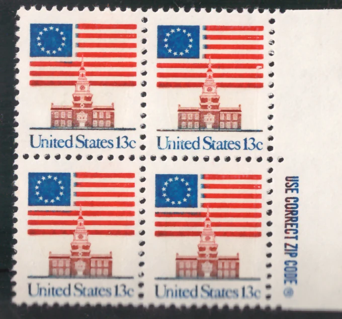 Flag over Independence Hall block of four — ZIP Code selvage