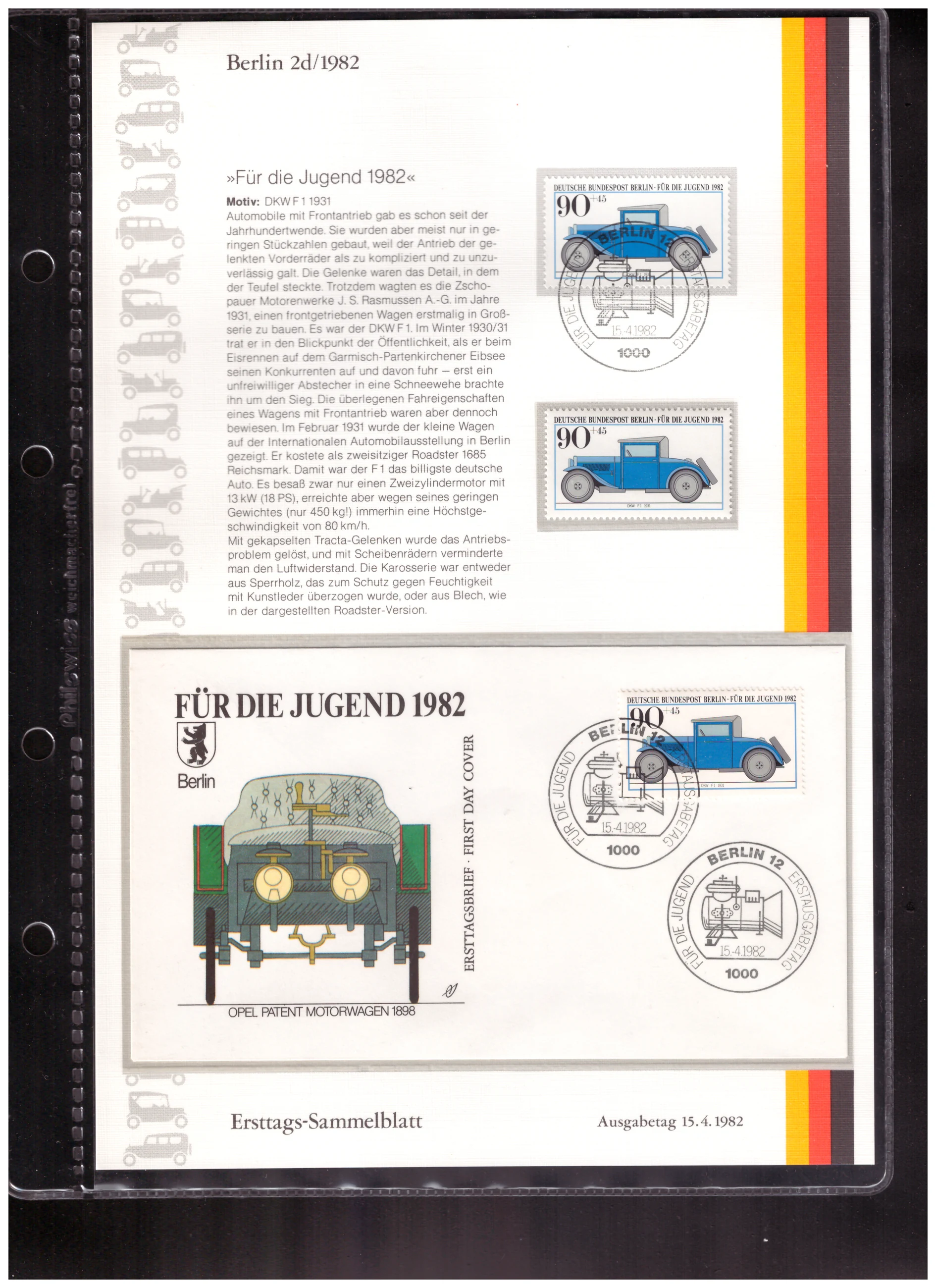 Ersttags-Sammelblatt 2d/1982 – For Youth 1982 – historic motor vehicles