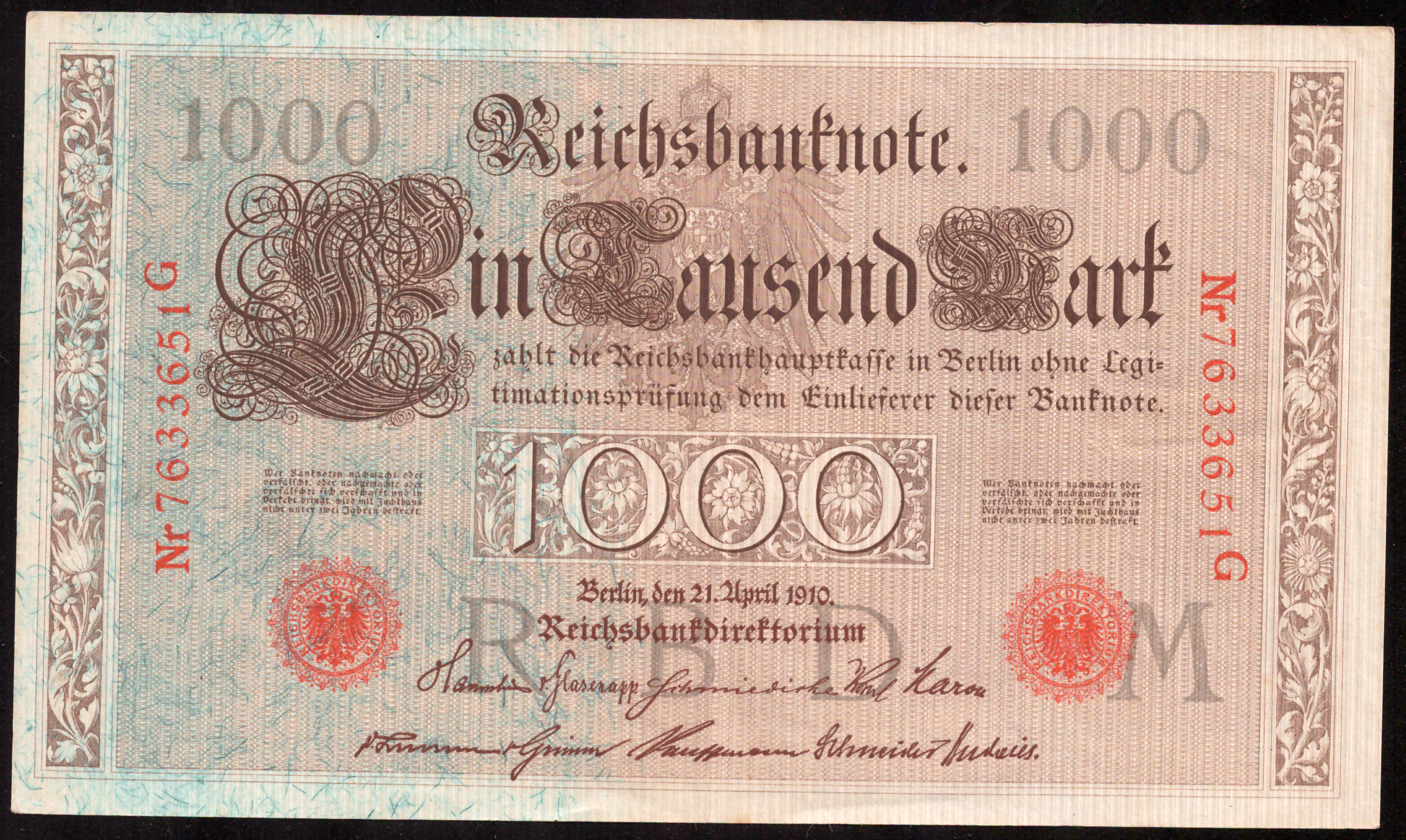 1000 Mark – Reichsbanknote, two green seals