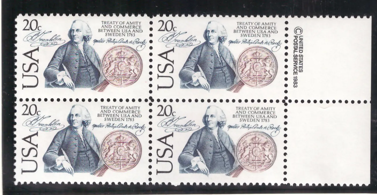 USA–Sweden Treaty of Amity block of four — copyright selvage