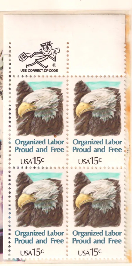 Organized Labor – block of six with upper ZIP selvage
