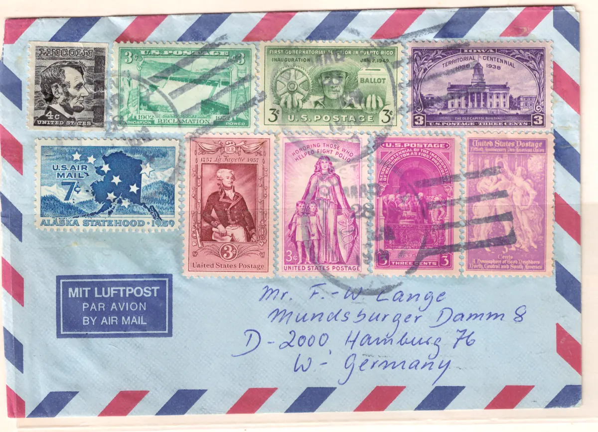Philatelic air-mail cover to Hamburg – nine-stamp franking