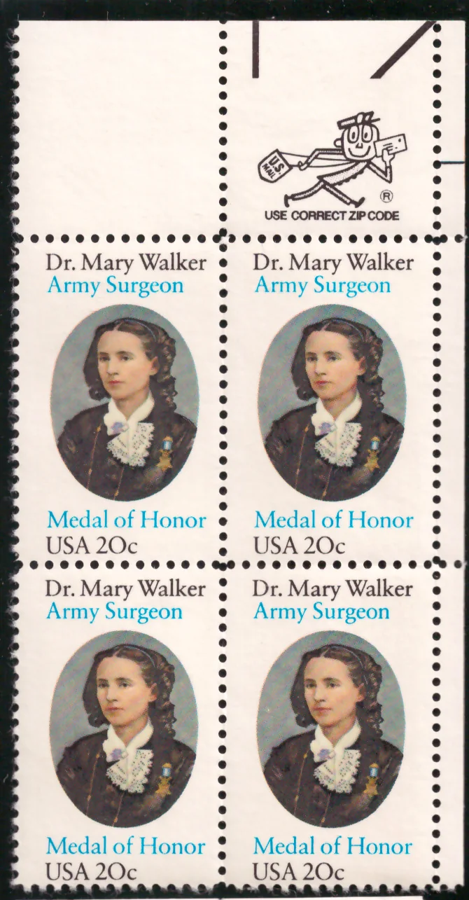 Dr. Mary Walker Medal of Honor block of four — Mr. ZIP selvage