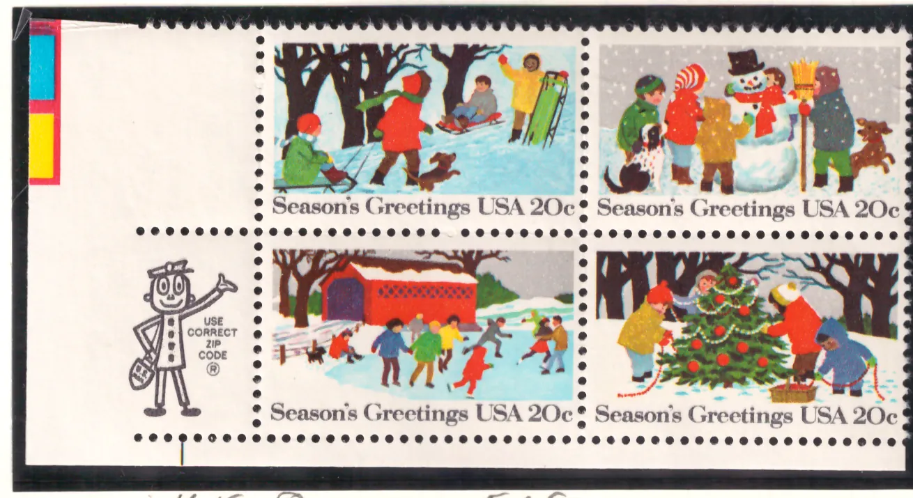 Seasons Greetings se-tenant block — Mr. ZIP und Color Bar Slvage
