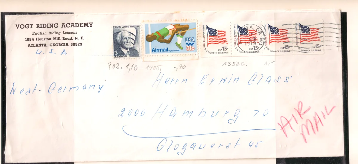 Vogt Riding Academy airmail cover – Olympic and Flag franking