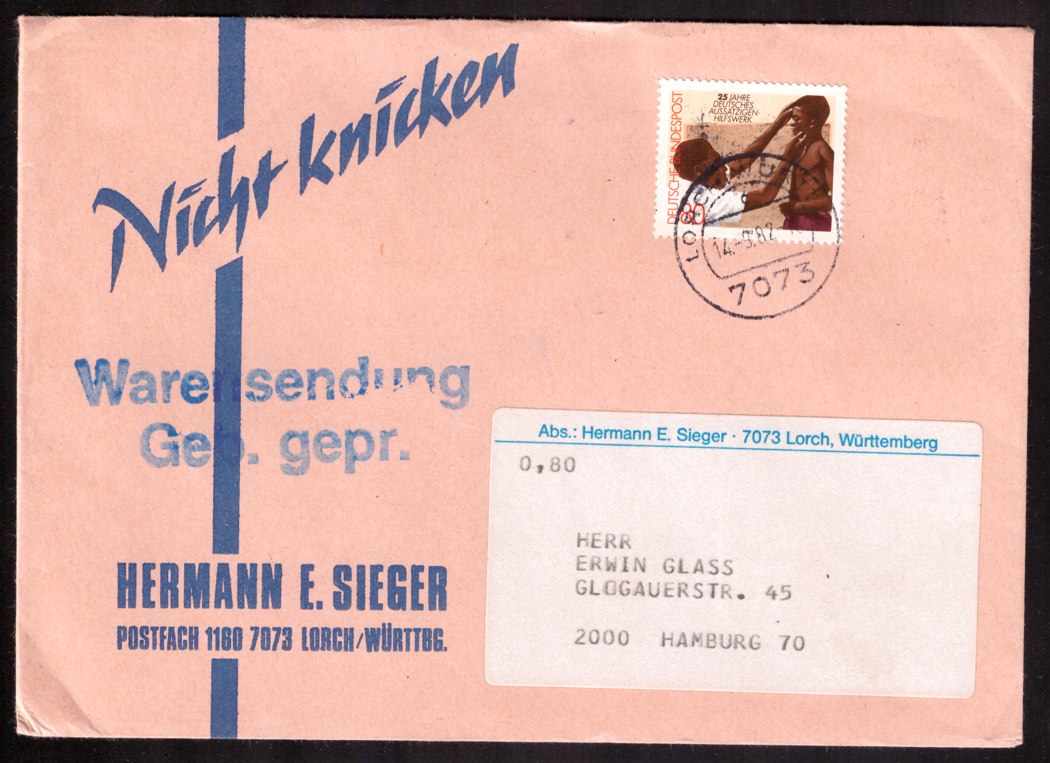 Hermann E. Sieger merchandise mail with leprosy-relief stamp